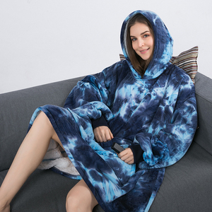 Hooded Plush <b>Wearable</b> <b>Blanket</b> Full Length Tie Dye Blue Pattern Soft Cozy Modern Style - Product Image 1
