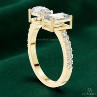 Anillo de compromiso para mujer con dos diamantes cultivados en laboratorio, corte pera y corte esmeralda, chapado en oro macizo, con micro pavé, modelo Toi Et Moi.