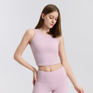 Ensemble de yoga 1 pièce pour femme, rose clair, col rond, bretelles convertibles, crop top taille mi-haute, extensible, sans couture sur le devant, respirant - Product Image 1