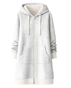 Sudadera con capucha larga personalizada con cremallera, gris claro, para mujer, abrigo de invierno con forro polar, informal, holgado, con bolsillos, OEM personalizado - Product Image 1