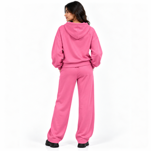 Conjunto Deportivo Personalizado OEM Rosa para Mujer, Sudadera Corta con Capucha y Cremallera Lateral, Pantalones Anchos de Felpa, Conjunto de Dos Piezas Asimétrico - Product Image 2