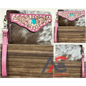 New 2026 Trending Designer Bag Tooled Cowhide Leather Wristlet Clutch Western Floral Wallet Turquoise Concho Hair On Hide <b>Purses</b> - Product Image 1