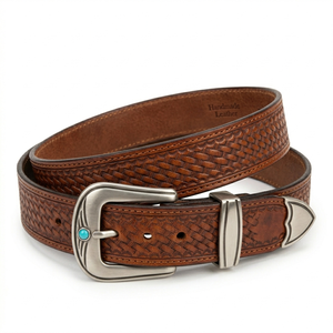 Cinturones de Cuero Genuino Estilo Vaquero Occidental al por Mayor, Cinturones de Piel de Vaca con Grabado Floral Hecho a Mano y Hebilla Turquesa - Product Image 5