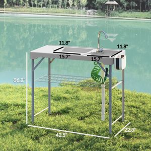 Lavello Portatile da Campeggio con Tavolo, Funzioni per la Pulizia del Pesce, Design Pieghevole, Tubo di Scarico, Spruzzatore, Ripiano, Cassetto Portaoggetti - Materiale Plastico - Product Image 3