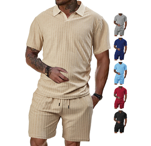 Conjunto Casual de Verano para Hombre, Camiseta de Manga Corta y Pantalones Cortos, Dos Piezas, Estilo con Patrón de Toalla, Tela de Poliéster - Product Image 1