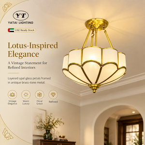 Plafonnier semi-encastré vintage Lotus avec verre opale givré et cadre métallique, trois douilles E27 pour salle à manger - Product Image 2