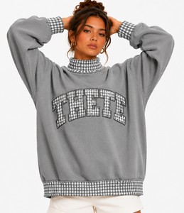 Sweat-shirt à col montant pour femme THETE, coupe ample, en tissu épais, patchwork à carreaux, style décontracté, pull universitaire - Product Image 1