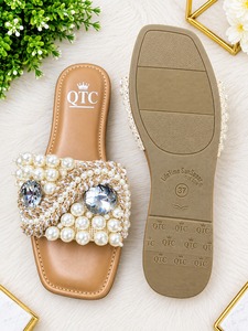 Women Pearl Beaded Flat Slide <b>Sandals</b> Suede Upper Pointed Toe Comfortable Anti-Slip <b>Elastic</b> Band Outdoor All Season Shoes - Product Image 3