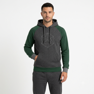 Sweat-shirt à capuche pour homme, manches raglan, imprimé géométrique, gris foncé vert, coton polyester, tissu molletonné français, décontracté, automne, coupe classique - Product Image 1