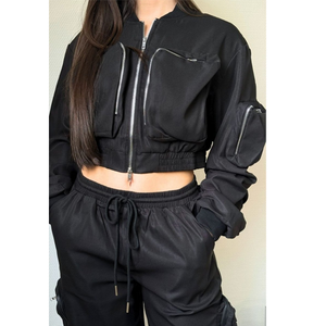 New Arrival Custom Printed Casual Autumn <b>Women's</b> Windbreaker <b>Set</b> with Line Piping Contrast Black Nylon Zipper Jacket Pants Suit - Product Image 6