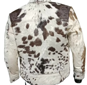 Veste en cuir de vache véritable pour homme, de qualité supérieure, professionnelle, écologique, coupe-vent, en fourrure de vache marron et blanche, avec fermeture éclair, en peau d'animal authentique - Product Image 5