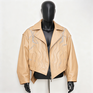 Blouson de motard en cuir PU marron pour homme avec embellissement en cristal, fermeture éclair, col rabattu, coupe courte et ample, style automne - Product Image 5
