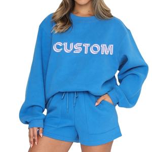 2025 vente en gros deux pièces sweats ensemble brodé pantalons de survêtement pull personnalisé surdimensionné sweat pantalon court ensemble - Product Image 1