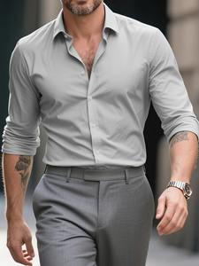 Nouvelles chemises habillées décontractées pour hommes en twill 100 % coton, à manches longues, couleur unie, élastiques - Product Image 3