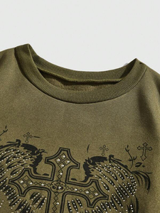 Olive Green Rhinestone Cross Wing Sweatshirt Oversized Pullover <b>Gothic</b> Streetwear Angel Graphic Crewneck Cotton Blend Top - Product Image 3