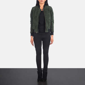 <b>Women's</b> Green <b>Suede</b> Bomber <b>Jacket</b> Full Sleeve Stand Collar Zipper Closure Autumn Wear Fashionable <b>Women</b> <b>Jackets</b> - Product Image 6