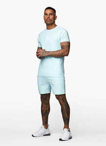 Ensemble T-shirt et short en coton bleu clair pour homme, col rond, manches courtes, couleur unie, respirant, coupe classique, toutes saisons, vêtements de loisirs - Product Image 2
