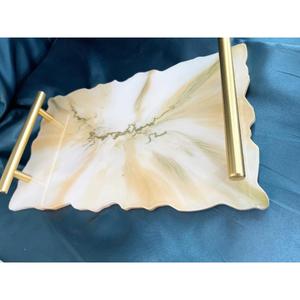 Plateau de service de luxe en résine, marbre blanc, incrustation de feuilles d'or, bord festonné, organisateur de table décoratif pour la maison, Ramadan, mariage - Product Image 5