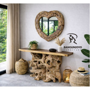 Mesa Consola de Raíz de Teca con Tapa de Madera Suar y Elementos de Vidrio, Construcción de Madera Sólida, Diseño Moderno, Almacenamiento para Sala de Estar - Product Image 2