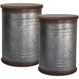 Rustic Galvanized Metal Drum <b>Stool</b> With Wooden Top <b>Storage</b> Ottoman Living Room Furniture Home Decor Accent Piece - Product Image 1