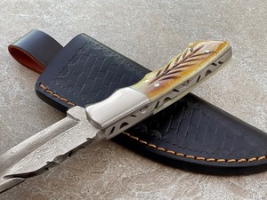 Custom Handmade OEM DIY Skinner Hunting Gut <b>Hook</b> Knife Damascus Steel Bone Handle <b>Clip</b> Point 8in Overall Leather - Product Image 2