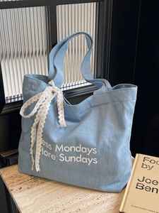 <b>Beach</b> Use And Market <b>Large</b> Capacity Light Blue Denim Cotton Canvas Tote <b>Bag</b> For Women Travel Shopping Shoulder Tote <b>Bag</b> Bulk - Product Image 3