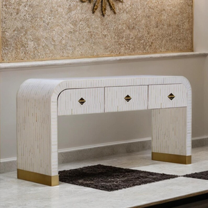 Table console en os incrusté fait main – Table d'entrée à 3 tiroirs avec incrustation blanche – Table moderne - Product Image 2