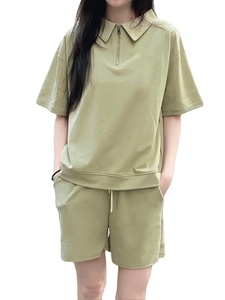 Summer Polo Collar Pajama Set Breathable Loose-Fitting Casual Sporty Short Sleeve Shorts Two-Piece for Women Solid Color Ribbed - Product Image 3