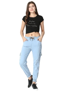 Jogging cargo décontracté pour femme bleu clair à taille élastique avec cordon de serrage, plusieurs poches et design déchiré vieilli, idéal pour le printemps - Product Image 3