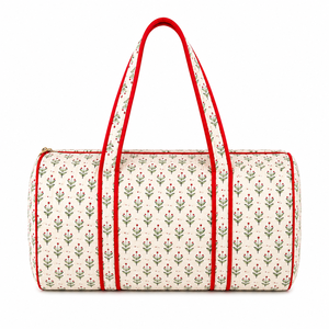 Luxury Floral Pattern <b>Duffel</b> <b>Bag</b> with Red Handles Large Capacity Travel Weekender Polyester Textile Material Zipper Closure - Product Image 2