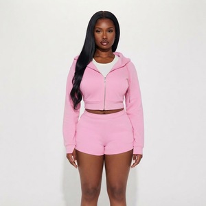 Ensemble 2 pièces pour femme : veste à capuche rose zippée et short, tenue de sport décontractée - Product Image 6
