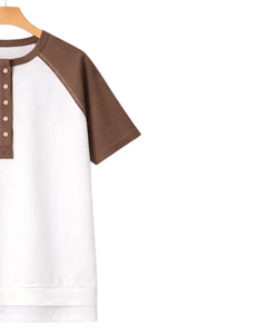Camiseta Henley de Manga Corta para Mujer, Blanca y Marrón, Mezcla de Algodón, Estilo Casual de Verano, Cómoda, Moderna y Ligera - Product Image 4