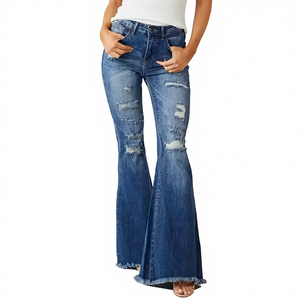 OEM Design Women Distressed Flared Jeans High Waist Ripped <b>Bell</b> Bottom Denim Pants Baggy Stretchy Trousers - Product Image 1