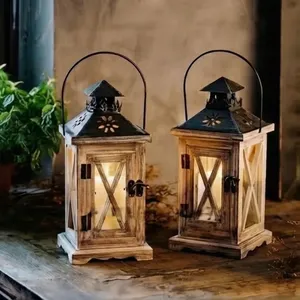 Handcrafted Mango Wood Lantern <b>Square</b> <b>Candle</b> Holder With Metal Roof And Handle For Home Decoration - Product Image 1