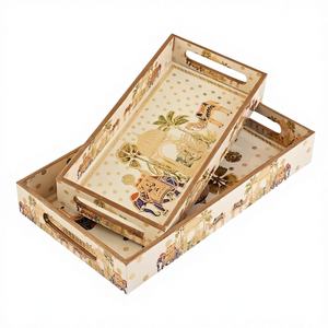 Bandeja de Servir de Madera con Diseño Industrial Grabado y Recubrimiento Esmaltado, Juego de 2 Piezas, Patrón Floral con Letras Impresas, Vajilla sin BPA - Product Image 1