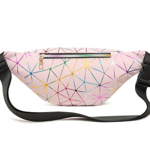Unisex Pink Geometric Waist Bag With Rainbow Pattern Zipper Closure For Daily Use - Product Image 3