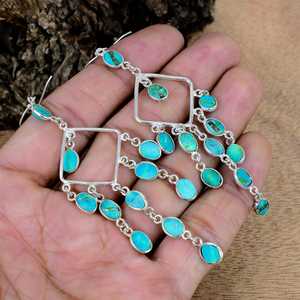 Boucles d'oreilles pendantes géométriques bohèmes vintage en argent sterling 925 faites à la main avec turquoise et pierres multiples - Product Image 2