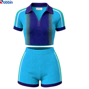 <b>Top</b> Trending Hot Selling Hip Hop Women's Sporty 2 Pcs Set Gradient Color Rib Knit Crop <b>Top</b> With Shorts Short Sleeve Summer Wear - Product Image 4