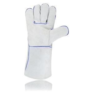Gants de soudage en cuir de vache blanc naturel avec doublure en coton polaire cousu bleu Fonction anti-impact pour soudeur - Product Image 3