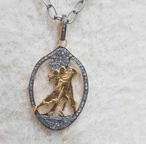 Colgante de Pareja Bailando, Plata de Ley 925, Diamantes Naturales, Baño de Rodio Negro Vintage, Joyería Certificada, 40x25MM - Product Image 6