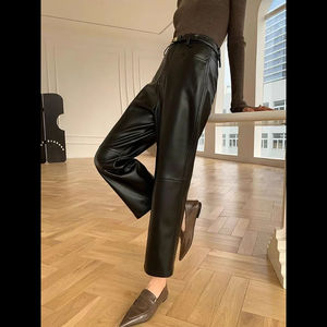 กางเกงหนัง PU สีดำทรงหลวมสำหรับผู้หญิง ฤดูใบไม้ร่วง ฤดูหนาว เอวสูง สไตล์ลำลอง ความยาวเก้าส่วน - Product Image 3