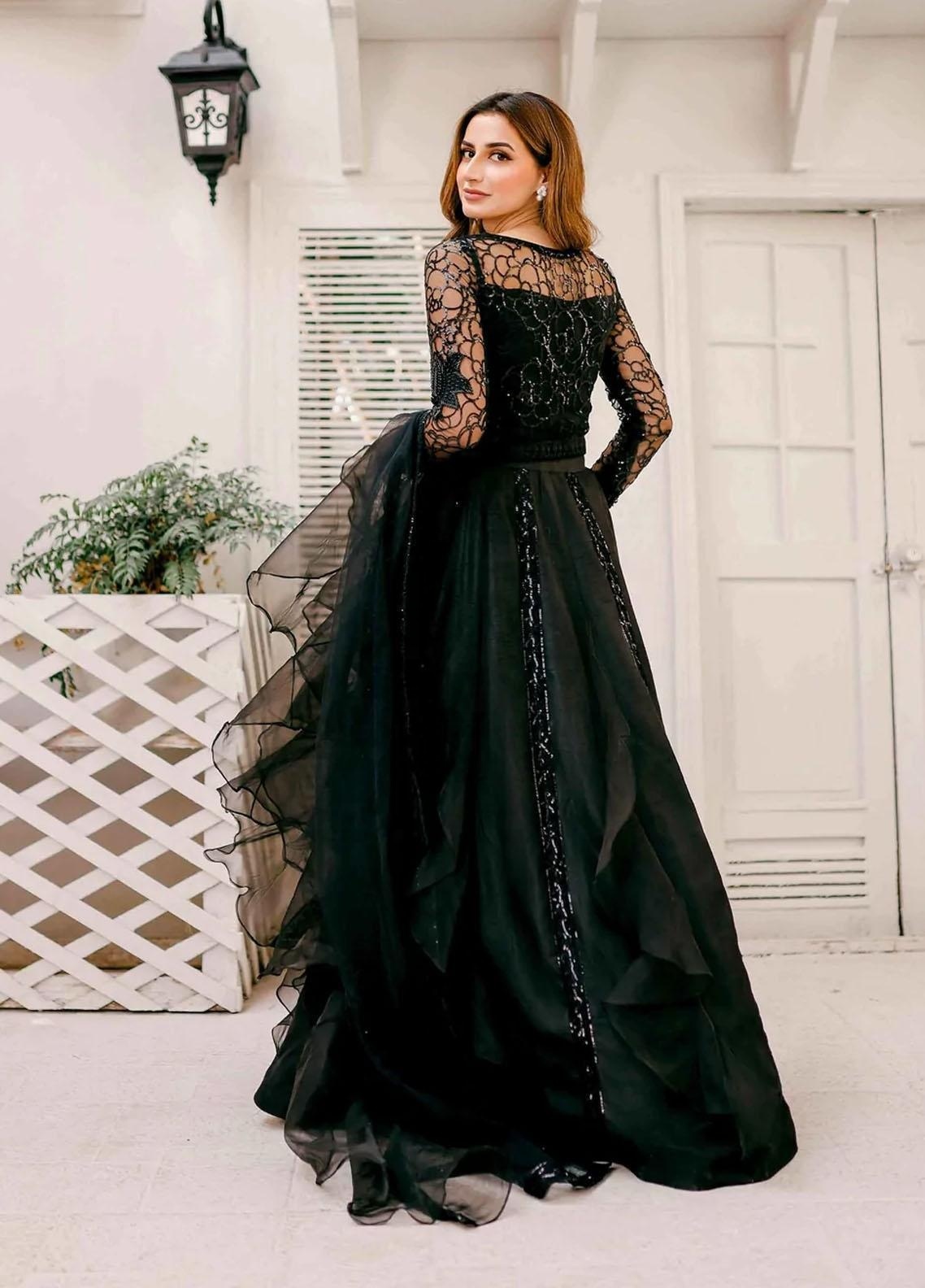 black maxi dress pakistani wedding & Indian Bollywood Party Wear Designer & Designer Bridal Collection Dress Anarkali Gown Style Off-the-Shoulder Black Leaf Lace Frock designs LowStock:43806462050355 Color:Black Hairband Embroidered Organza Sleeves Hand