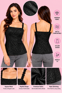 <b>Women's</b> <b>Black</b> Stretch Hosiery <b>Tank</b> <b>Top</b> – Square Neck Sleeveless Fitted Camisole with Stylish Straps <b>tank</b> - Product Image 3