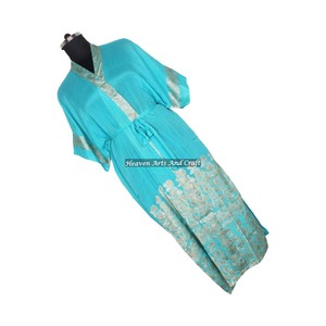 KL005 Beautiful Vintage Blended Poly Silk Sari Kimono Long Robe Double Pocket Nightgown Women Summer <b>Winter</b> Quick Dry Drawstring - Product Image 3