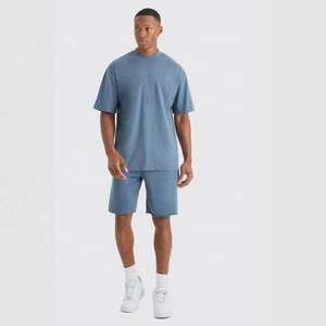 Ensemble T-shirt et short en coton délavé pour homme, coupe oversize, vêtements de fitness d'été, design personnalisé, coton respirant - Product Image 1