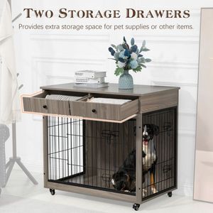 38.4-Inch Wooden Dog <b>Crate</b> with 2 Drawers Decorative Pet Cage Kennel Furniture - Product Image 3