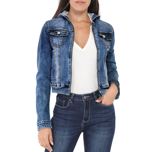 2026 Wholesale Price Women's <b>Cropped</b> <b>Denim</b> <b>Jacket</b> Casual Outwear Wool Lining Blue Long Jean <b>Jacket</b> Cotton Printed Fabric Coat - Product Image 5