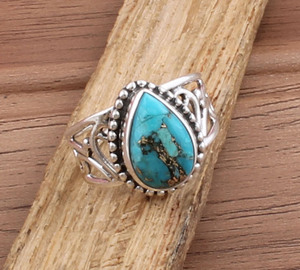 Bague en argent sterling 925 avec sertissage en turquoise bleu cuivre fait main en gros, bijoux bohèmes, véritable matrice, pour les fêtes - Product Image 3