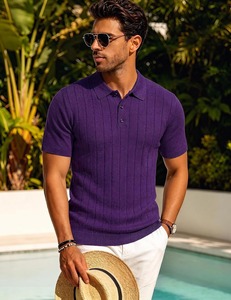 Polo de punto morado personalizado de manga corta con cuello acanalado, suéter ligero informal para hombre, ropa al por mayor OEM ODM - Product Image 3