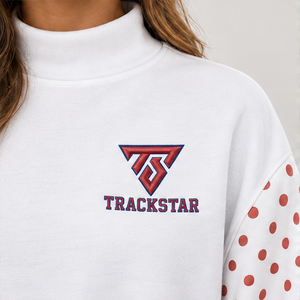Women's White Polka Sleeve Fleece Mock Neck 2-Piece <b>Shorts</b> <b>Set</b> Drop Shoulder Sweatshirt Matching <b>Shorts</b> Custom Wholesale - Product Image 5